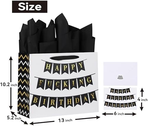 Set de Bolsa de Regalo Grande Qirrmiy de 13 Blanca con Tarjeta de Felicitación y Papel de Seda (Feliz Cumpleaños Fu*king) para Fiestas de Cumpleaños - imagen 2
