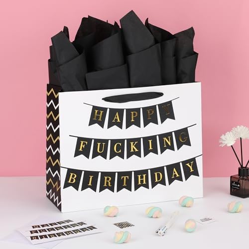 Set de Bolsa de Regalo Grande Qirrmiy de 13 Blanca con Tarjeta de Felicitación y Papel de Seda (Feliz Cumpleaños Fu*king) para Fiestas de Cumpleaños - imagen 5