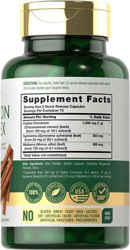 Cápsulas Carlyle Ceylon Cinnamon Complex con Gymnema y Morera | 150 Cápsulas | Suplemento No GMO, Libre de Gluten - imagen 2