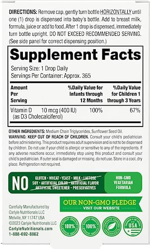 Gotas Líquidas de Vitamina D3 para Bebés Carlyle | 400 IU | 9.2 mL (Suministro para 1 Año - 365 Porciones) | Vegetariano, No OGM y Sin Gluten de Lil' - imagen 2