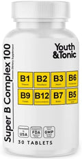 Youth & Tonic Super B Complex B-100 con Colina, Inositol y PABA – Alta Potencia B1, B2, B3, B5, B6, Biotina y B12 – Energía, Claridad Mental, Estrés - imagen 1