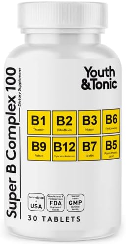 Youth & Tonic Super B Complex B-100 con Colina, Inositol y PABA – Alta Potencia B1, B2, B3, B5, B6, Biotina y B12 – Energía, Claridad Mental, Estrés - imagen 1