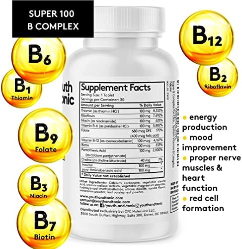 Youth & Tonic Super B Complex B-100 con Colina, Inositol y PABA – Alta Potencia B1, B2, B3, B5, B6, Biotina y B12 – Energía, Claridad Mental, Estrés - imagen 6
