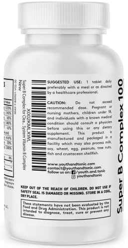 Youth & Tonic Super B Complex B-100 con Colina, Inositol y PABA – Alta Potencia B1, B2, B3, B5, B6, Biotina y B12 – Energía, Claridad Mental, Estrés - imagen 7