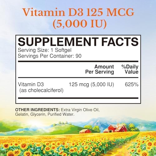 Vitalitown Vitamina D3 125 mcg (5000 UI) Alta Potencia para Huesos, Dientes, Corazón e Inmunidad, a Base de Aceite de Oliva, No GMO, Sin Gluten, 90 - imagen 2