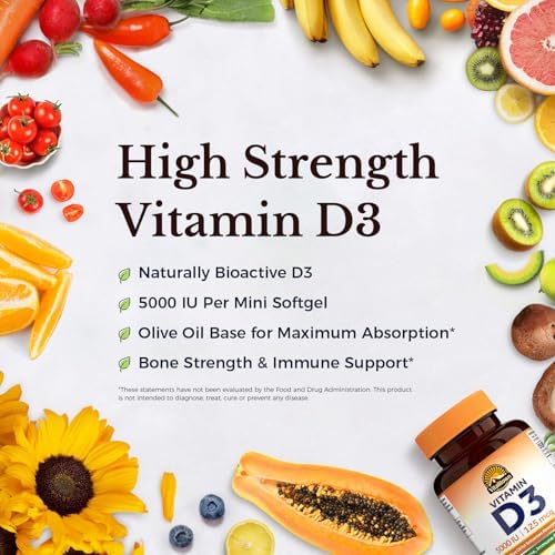 Vitalitown Vitamina D3 125 mcg (5000 UI) Alta Potencia para Huesos, Dientes, Corazón e Inmunidad, a Base de Aceite de Oliva, No GMO, Sin Gluten, 90 - imagen 3