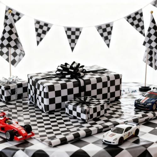 Papel de Regalo ZINTBIAL con Diseño de Bandera a Cuadros - Envoltura para Regalos de Autos de Carreras, Cumpleaños de Niños, Baby Shower - 17 - imagen 5