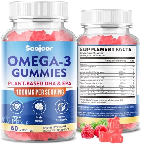 Gomitas Veganas Omega-3 de 1000mg para Adultos - Suplemento Sin Azúcar con 400mg de DHA y 600mg de EPA, Vitaminas A, C, E y Zinc - 60 Unidades - imagen 1