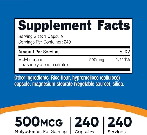 Suplemento de Molibdeno Nutricost (500mcg) 240 Cápsulas - Citrato de Molibdeno, Vegano, Sin OGM, Sin Gluten - imagen 2