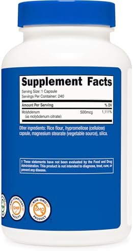 Suplemento de Molibdeno Nutricost (500mcg) 240 Cápsulas - Citrato de Molibdeno, Vegano, Sin OGM, Sin Gluten - imagen 5
