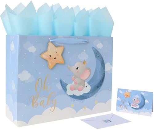 Set de Bolsa de Regalo Extra Grande para Bebé Niño de 16.5'' con Asas, Tarjeta de Felicitación, Papel de Seda Azul y Stickers, Diseño de Elefante y - imagen 1