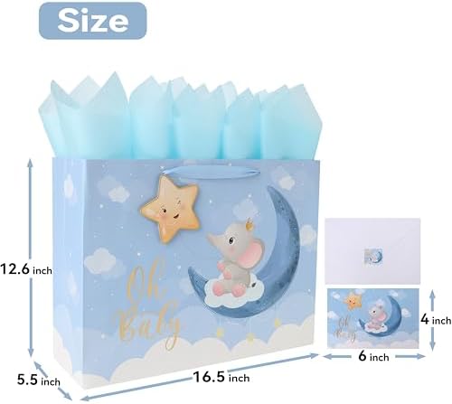 Set de Bolsa de Regalo Extra Grande para Bebé Niño de 16.5'' con Asas, Tarjeta de Felicitación, Papel de Seda Azul y Stickers, Diseño de Elefante y - imagen 2
