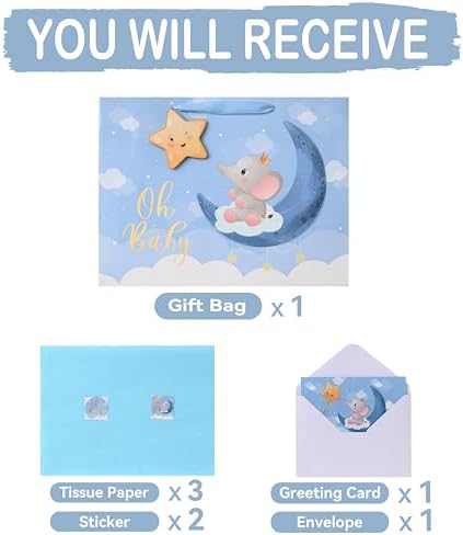 Set de Bolsa de Regalo Extra Grande para Bebé Niño de 16.5'' con Asas, Tarjeta de Felicitación, Papel de Seda Azul y Stickers, Diseño de Elefante y - imagen 3