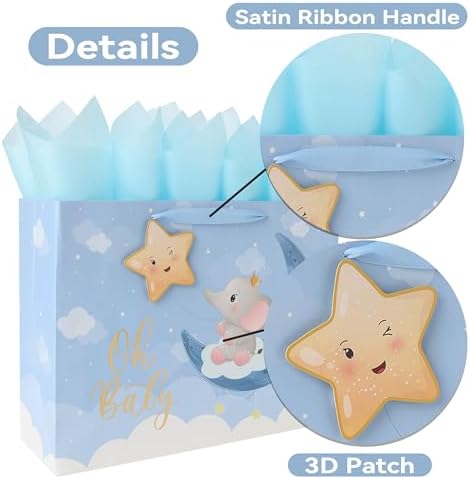 Set de Bolsa de Regalo Extra Grande para Bebé Niño de 16.5'' con Asas, Tarjeta de Felicitación, Papel de Seda Azul y Stickers, Diseño de Elefante y - imagen 4