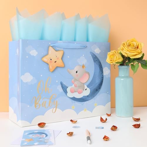 Set de Bolsa de Regalo Extra Grande para Bebé Niño de 16.5'' con Asas, Tarjeta de Felicitación, Papel de Seda Azul y Stickers, Diseño de Elefante y - imagen 5