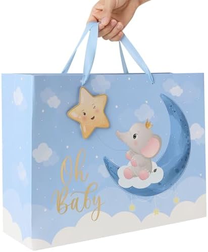 Set de Bolsa de Regalo Extra Grande para Bebé Niño de 16.5'' con Asas, Tarjeta de Felicitación, Papel de Seda Azul y Stickers, Diseño de Elefante y - imagen 6