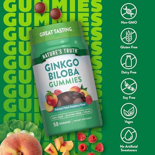 Gomitas de Ginkgo Biloba Nature's Truth | 50 piezas | Sabor Durazno y Frambuesa | Veganas, Sin OGM y Sin Gluten - imagen 3