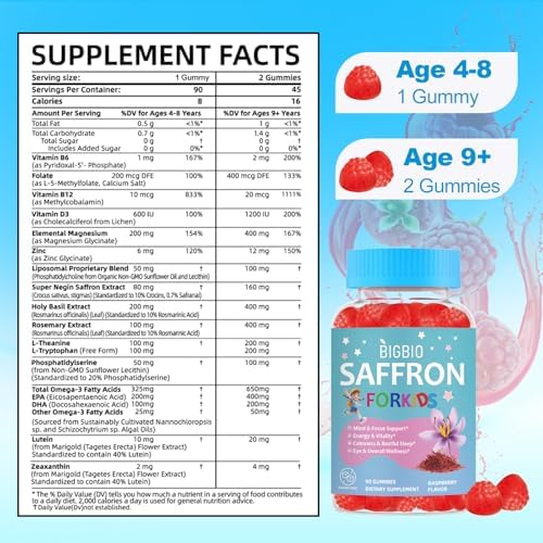BIGBIO Azafrán para Niños, Extracto de Azafrán, Magnesio Glicinato, Omega-3, L-Teanina, Albahaca Sagrada, Romero, B6, D3 para Calma, Concentración, - imagen 2