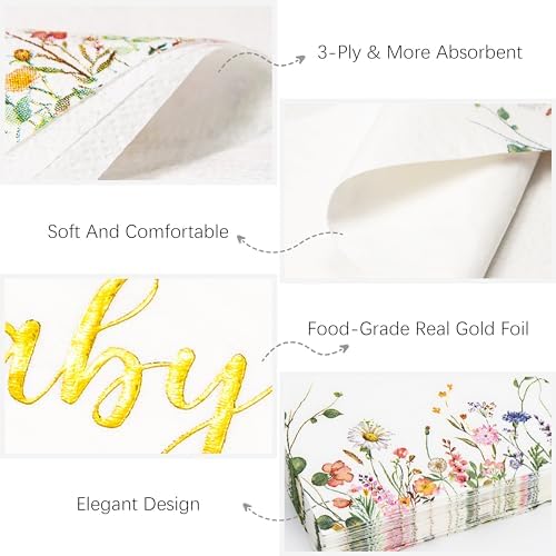 Servilletas de Compromiso Crisky de 3 Capas con Floral en Foil Dorado, 50 Piezas Desechables para Fiesta de Despedida de Soltera/Compromiso/Baby - imagen 2