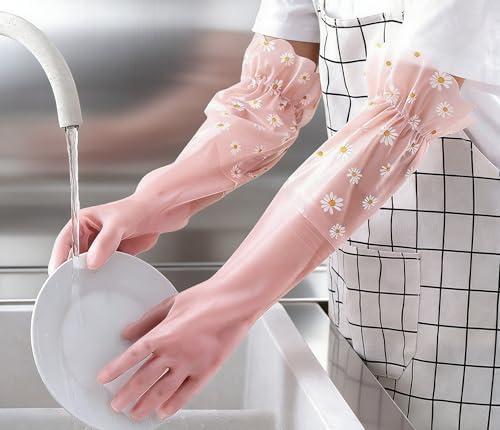 Guantes de Limpieza ITISMUNGO para Lavado de Platos, Resistentes al Agua y Desgarro, con Puños Largos, Rosa con Encaje, Ideal para Cocina y Jardinería - imagen 1