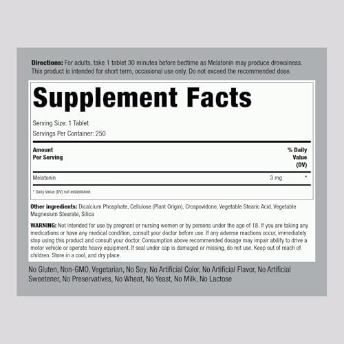 Melatonina Piping Rock 3mg | 250 Tabletas | Suplemento para Adultos | Vegano, No Transgénico, Sin Gluten - imagen 2