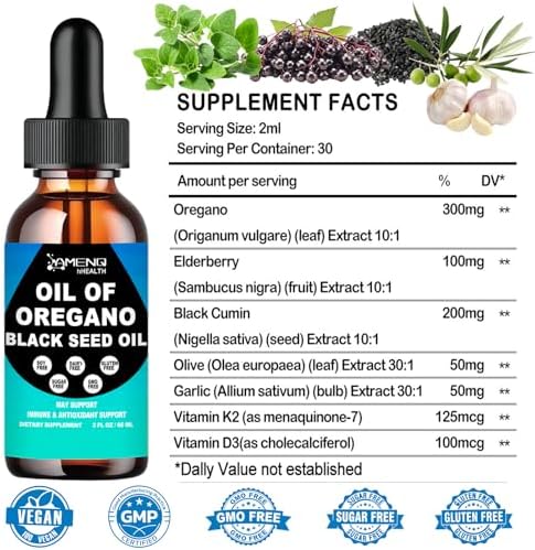 Aceite de Orégano con Aceite de Semilla Negra - Aceite Orgánico de Orégano 300mg en Gotas con Saúco y Hoja de Olivo para Salud Inmunológica, - imagen 2