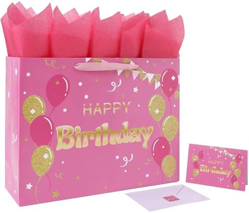 Set de Bolsa de Regalo Extra Grande Qirrmiy de 16.5 Rosa con Manijas, Tarjeta de Felicitación, Papel de Seda y Calcomanías, Diseño de Globos, 1 Pza - imagen 1