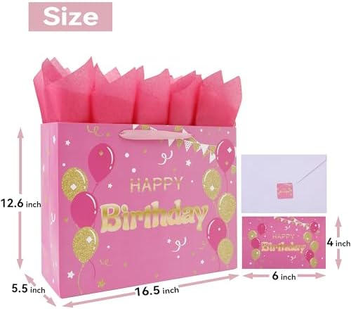 Set de Bolsa de Regalo Extra Grande Qirrmiy de 16.5 Rosa con Manijas, Tarjeta de Felicitación, Papel de Seda y Calcomanías, Diseño de Globos, 1 Pza - imagen 2