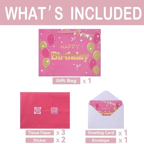 Set de Bolsa de Regalo Extra Grande Qirrmiy de 16.5 Rosa con Manijas, Tarjeta de Felicitación, Papel de Seda y Calcomanías, Diseño de Globos, 1 Pza - imagen 3