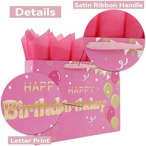 Set de Bolsa de Regalo Extra Grande Qirrmiy de 16.5 Rosa con Manijas, Tarjeta de Felicitación, Papel de Seda y Calcomanías, Diseño de Globos, 1 Pza - imagen 4