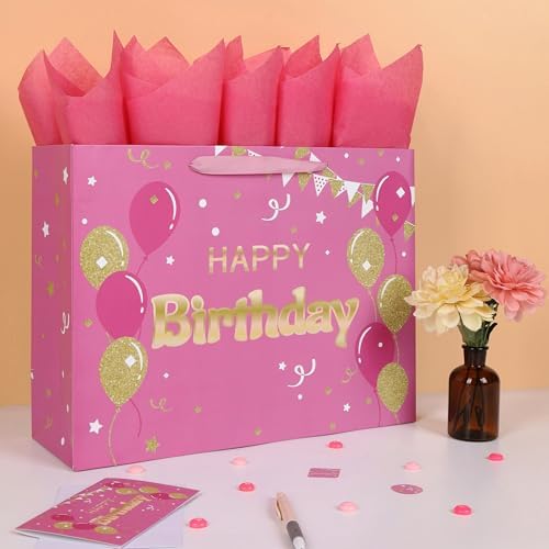 Set de Bolsa de Regalo Extra Grande Qirrmiy de 16.5 Rosa con Manijas, Tarjeta de Felicitación, Papel de Seda y Calcomanías, Diseño de Globos, 1 Pza - imagen 5