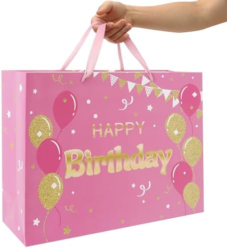 Set de Bolsa de Regalo Extra Grande Qirrmiy de 16.5 Rosa con Manijas, Tarjeta de Felicitación, Papel de Seda y Calcomanías, Diseño de Globos, 1 Pza - imagen 6