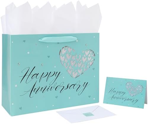 Set de Bolsa de Regalo Grande Verde de 13” para Aniversario con Manijas, Tarjeta de Felicitación, Papel de Seda y Stickers para Parejas, Diseño de - imagen 1