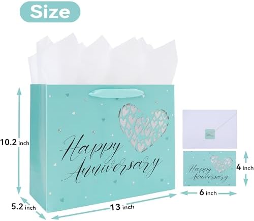 Set de Bolsa de Regalo Grande Verde de 13” para Aniversario con Manijas, Tarjeta de Felicitación, Papel de Seda y Stickers para Parejas, Diseño de - imagen 2