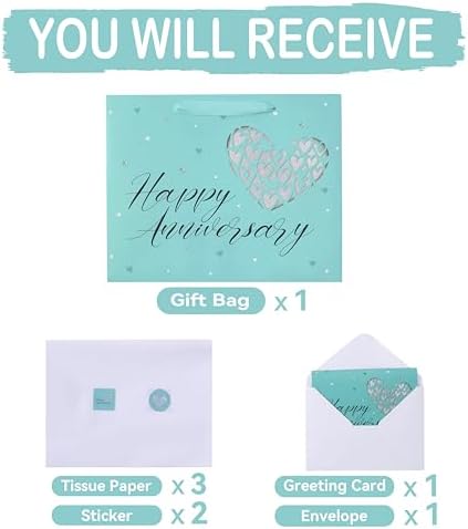 Set de Bolsa de Regalo Grande Verde de 13” para Aniversario con Manijas, Tarjeta de Felicitación, Papel de Seda y Stickers para Parejas, Diseño de - imagen 3