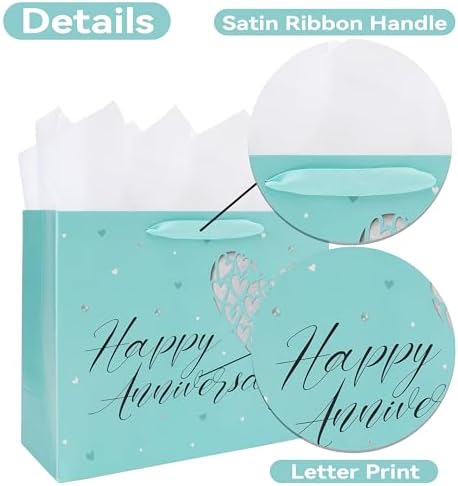 Set de Bolsa de Regalo Grande Verde de 13” para Aniversario con Manijas, Tarjeta de Felicitación, Papel de Seda y Stickers para Parejas, Diseño de - imagen 4