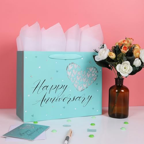Set de Bolsa de Regalo Grande Verde de 13” para Aniversario con Manijas, Tarjeta de Felicitación, Papel de Seda y Stickers para Parejas, Diseño de - imagen 5