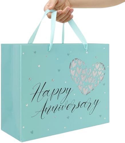 Set de Bolsa de Regalo Grande Verde de 13” para Aniversario con Manijas, Tarjeta de Felicitación, Papel de Seda y Stickers para Parejas, Diseño de - imagen 6