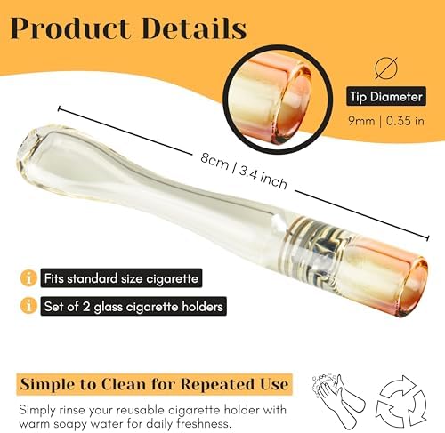 Set de 2 Soportes de Cigarrillos de Vidrio – Diseño Curvado Elegante Hecho a Mano con Detalles en Oro – Puntas Reutilizables de 3.15 (8 cm) para Tiro - imagen 3