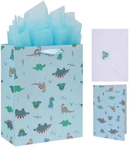 Set de Bolsas Grande Azul Claro de 13” con Tarjeta de Felicitación y Papel de Seda (Diseño de Dinosaurios) para Fiestas de Niños, Bebés y Nuevos - imagen 1