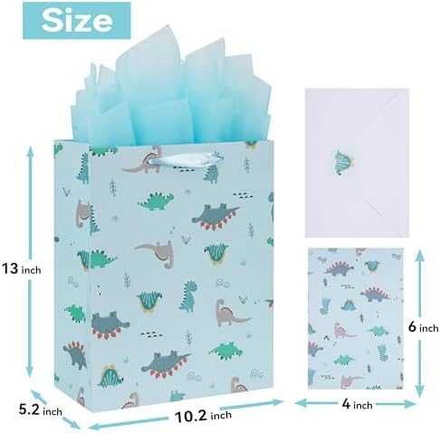 Set de Bolsas Grande Azul Claro de 13” con Tarjeta de Felicitación y Papel de Seda (Diseño de Dinosaurios) para Fiestas de Niños, Bebés y Nuevos - imagen 2