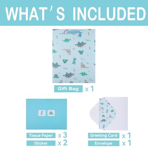 Set de Bolsas Grande Azul Claro de 13” con Tarjeta de Felicitación y Papel de Seda (Diseño de Dinosaurios) para Fiestas de Niños, Bebés y Nuevos - imagen 3