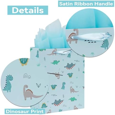 Set de Bolsas Grande Azul Claro de 13” con Tarjeta de Felicitación y Papel de Seda (Diseño de Dinosaurios) para Fiestas de Niños, Bebés y Nuevos - imagen 4
