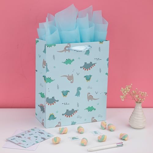 Set de Bolsas Grande Azul Claro de 13” con Tarjeta de Felicitación y Papel de Seda (Diseño de Dinosaurios) para Fiestas de Niños, Bebés y Nuevos - imagen 5