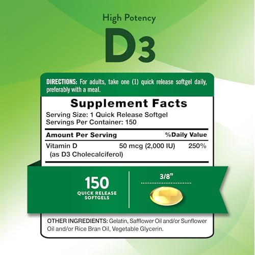 Suplemento Nature's Truth Vitamina D3 2000 IU en Softgels para Adultos | 150 Cápsulas | Alta Potencia | Sin OGM y Libre de Gluten - imagen 2