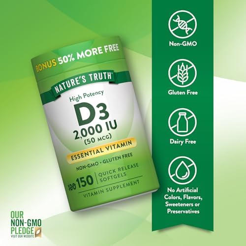 Suplemento Nature's Truth Vitamina D3 2000 IU en Softgels para Adultos | 150 Cápsulas | Alta Potencia | Sin OGM y Libre de Gluten - imagen 3