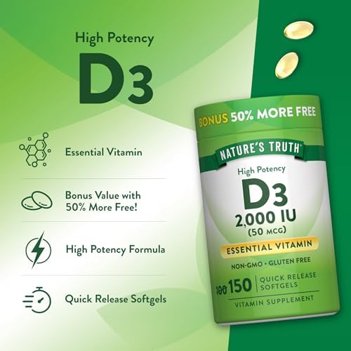Suplemento Nature's Truth Vitamina D3 2000 IU en Softgels para Adultos | 150 Cápsulas | Alta Potencia | Sin OGM y Libre de Gluten - imagen 5