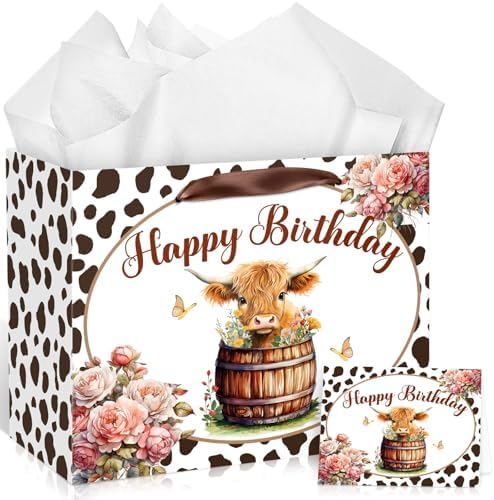 Bolsa de Regalo Grande de Vaca Highland para Cumpleaños con Asas, Papel de Seda y Tarjeta, Decoración para Fiesta de Bebé, Navidad y Favor de Fiesta - imagen 1