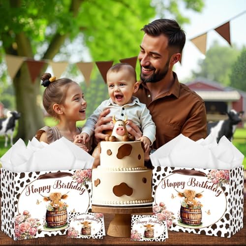 Bolsa de Regalo Grande de Vaca Highland para Cumpleaños con Asas, Papel de Seda y Tarjeta, Decoración para Fiesta de Bebé, Navidad y Favor de Fiesta - imagen 2