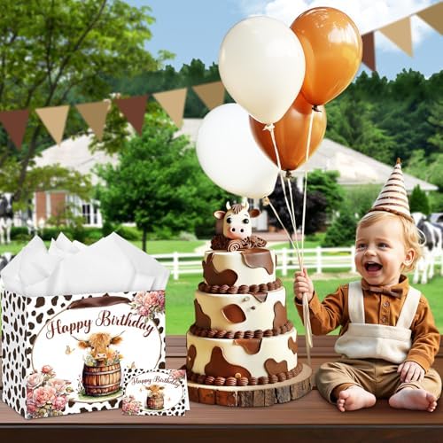 Bolsa de Regalo Grande de Vaca Highland para Cumpleaños con Asas, Papel de Seda y Tarjeta, Decoración para Fiesta de Bebé, Navidad y Favor de Fiesta - imagen 3